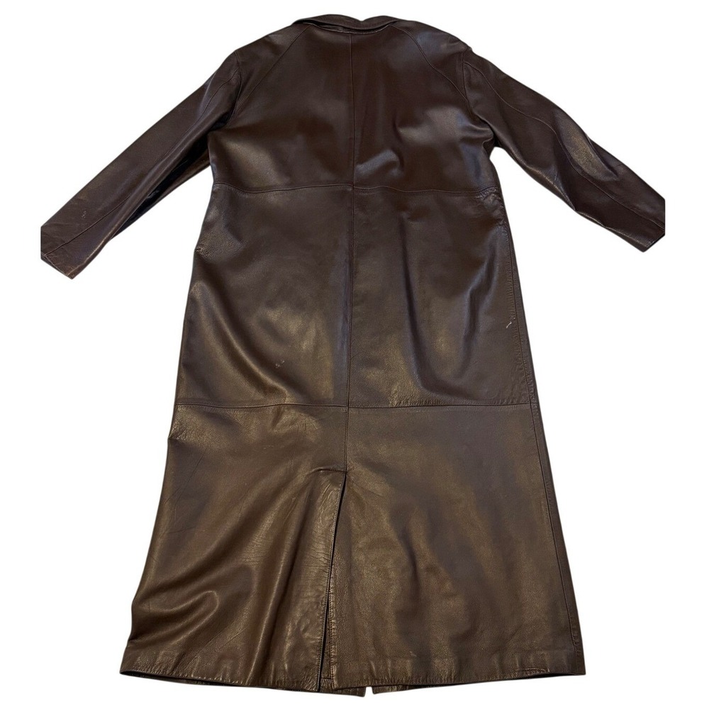 Orvis Womens Brown Leather Trench Coat Long Jacket Size L Vintage Ecuador - Picture 3 of 12